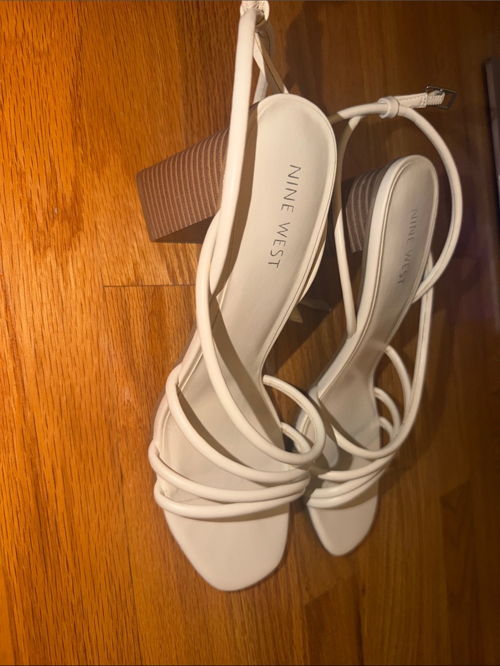 Nine West White Strappy Sandals with Brown Stacked Block Heel